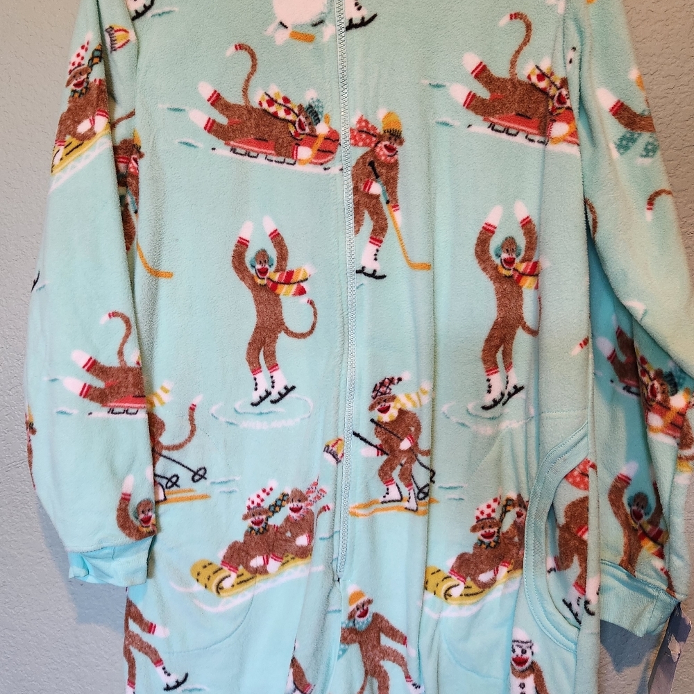 NEW Nick & Nora Sock Monkey Winter One-Piece Fleece Pajamas Non Footed Medium M - Picture 2 of 5
